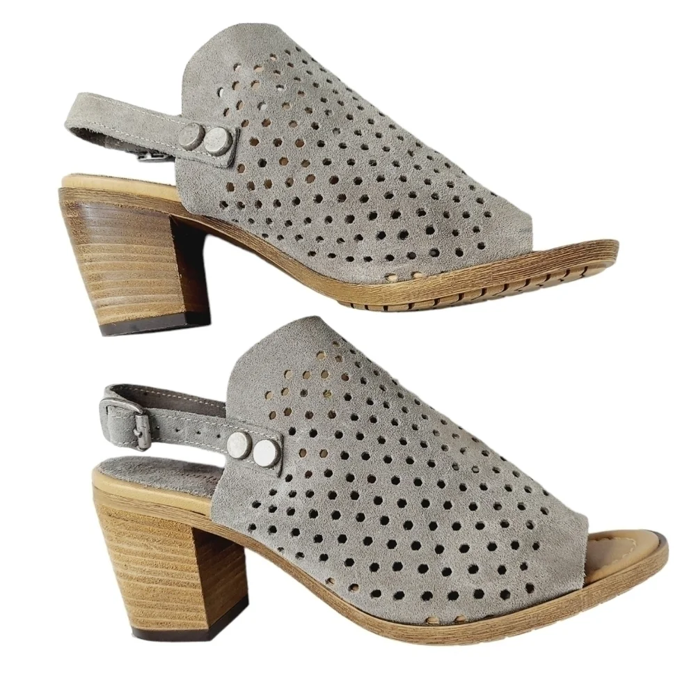Sophia Milano Perforated Sandals Block Heel Womens Size 7 M Taupe Nubuck Leather